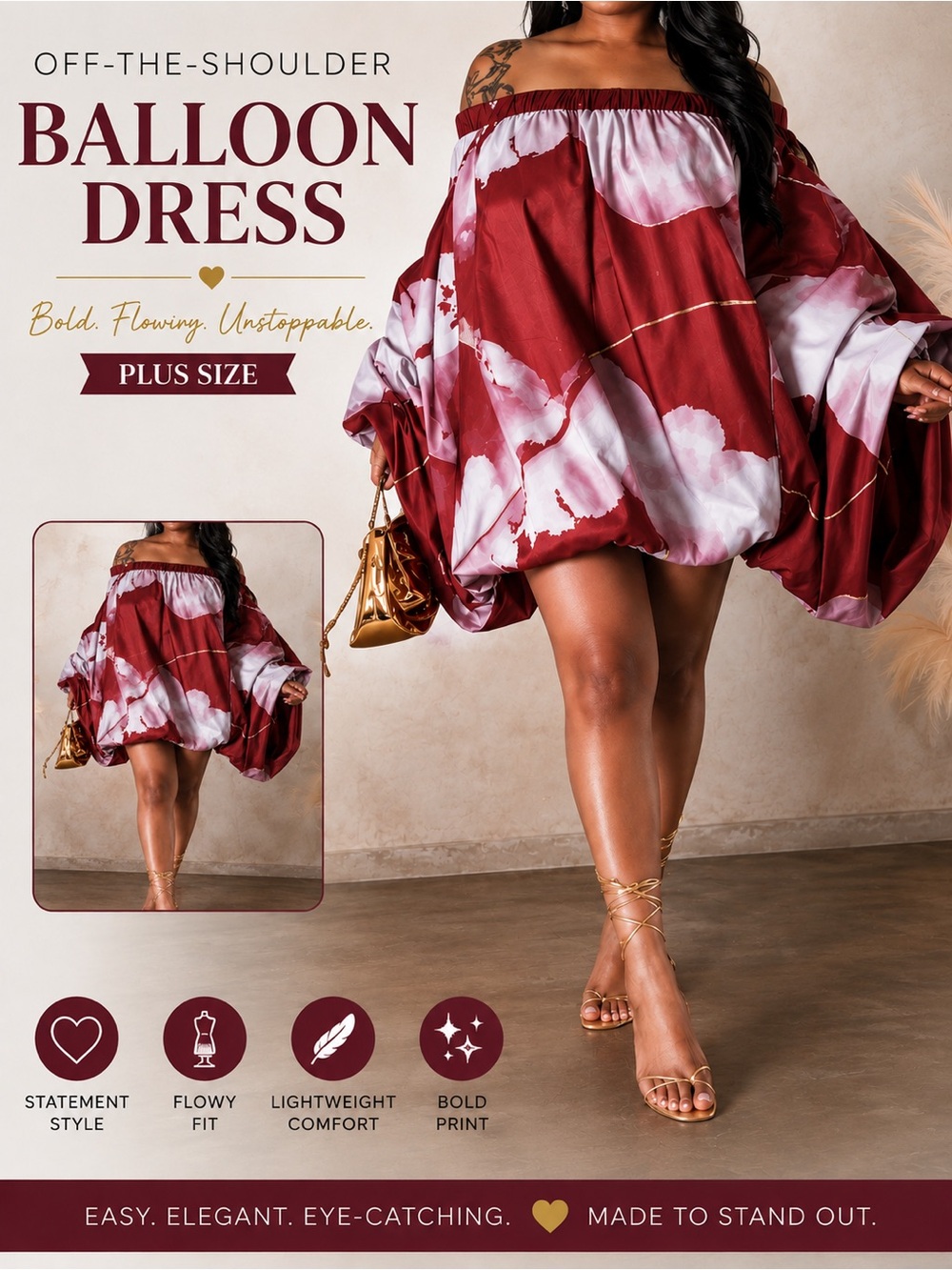 Off-Shoulder Balloon Dress | Plus Size | Abstract Print | Flowy Statement Dress